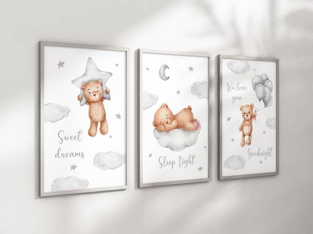 Baby Nursery Teddy Bear Prints - A4 Or A3 Size Cloud Moon Stars Boy Girl Sweet Dreams Sleep Tight Goodnight Neutral Beige Natural - image 1
