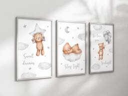 Baby Nursery Teddy Bear Prints - A4 Or A3 Size Cloud Moon Stars Boy Girl Sweet Dreams Sleep Tight Goodnight Neutral Beige Natural - thumbnail 1