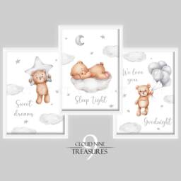 Baby Nursery Teddy Bear Prints - A4 Or A3 Size Cloud Moon Stars Boy Girl Sweet Dreams Sleep Tight Goodnight Neutral Beige Natural - thumbnail 2