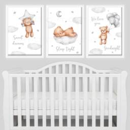 Baby Nursery Teddy Bear Prints - A4 Or A3 Size Cloud Moon Stars Boy Girl Sweet Dreams Sleep Tight Goodnight Neutral Beige Natural - thumbnail 3