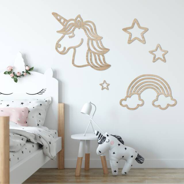 Unicorn, Rainbow & Stars Set - Outline Wall Decor Home Nursery/Kids Children Room Nature Wood - image 1