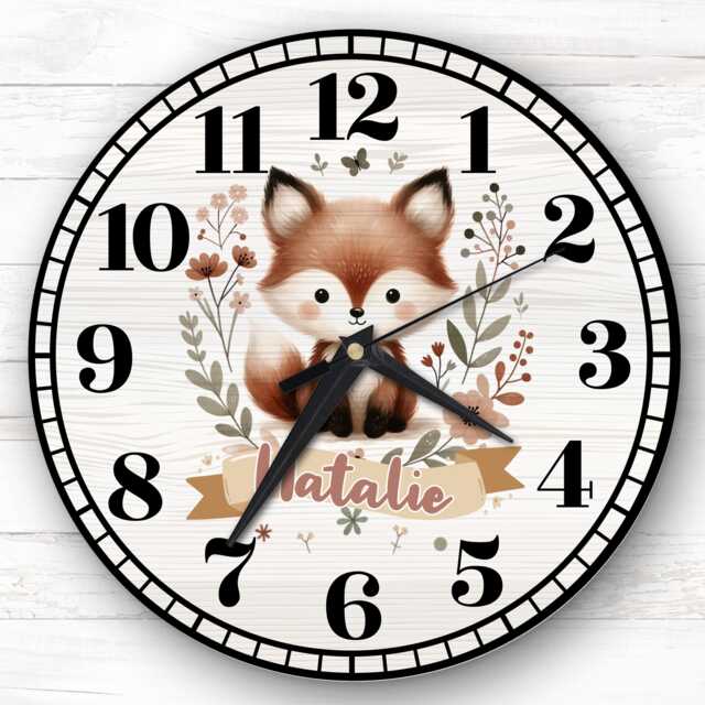 Floral Woodland Animal Baby Fox Personalised Gift For Kid's Bedroom Clock - Kids Clock, Children's , Custom Wall - image 1
