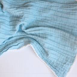 Oversized Muslin Baby Blanket, Ocean Swaddle Pom Trim Blanket - thumbnail 3