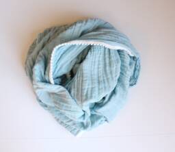 Oversized Muslin Baby Blanket, Ocean Swaddle Pom Trim Blanket - thumbnail 1
