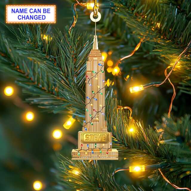 Custom Name Empire State Building With Christmas Lights Ornament, Tree Hanging Decor, 2D Flat Ornament - image 1