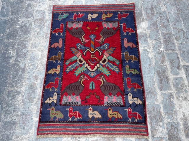 3x4'6 Handmade Afghan Pictorial Wool Rug, Turkish Bird Picture Red Oushak Geometric 92x138cm - image 1