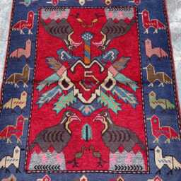 3x4'6 Handmade Afghan Pictorial Wool Rug, Turkish Bird Picture Red Oushak Geometric 92x138cm - thumbnail 2