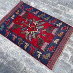 3x4'6 Handmade Afghan Pictorial Wool Rug, Turkish Bird Picture Red Oushak Geometric 92x138cm - thumbnail 3