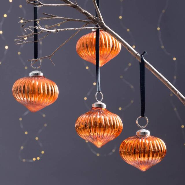 Elegant Orange-Copper Glass Christmas Baubles Set Of 4 With Ribbon Hanger/Hanging Xmas Tree Burnt Amber - image 1
