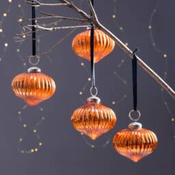 Elegant Orange-Copper Glass Christmas Baubles Set Of 4 With Ribbon Hanger/Hanging Xmas Tree Burnt Amber - thumbnail 1