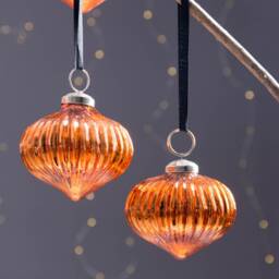 Elegant Orange-Copper Glass Christmas Baubles Set Of 4 With Ribbon Hanger/Hanging Xmas Tree Burnt Amber - thumbnail 2