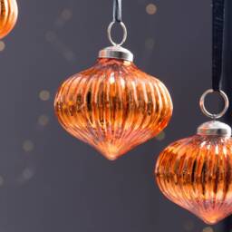 Elegant Orange-Copper Glass Christmas Baubles Set Of 4 With Ribbon Hanger/Hanging Xmas Tree Burnt Amber - thumbnail 3