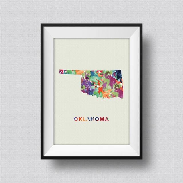 Oklahoma Map Watercolor Usa Art Print Ink Splash Poster Canvas
