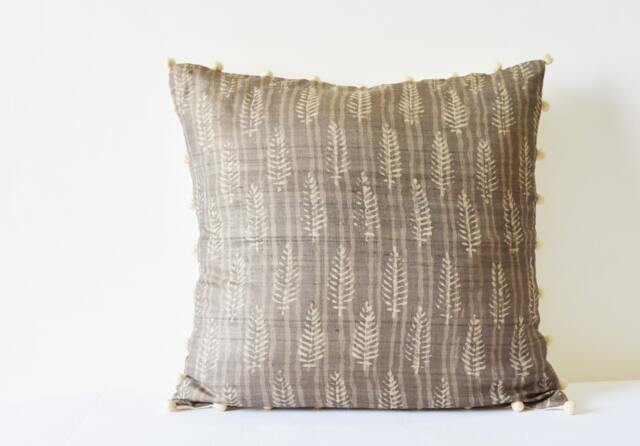 Hand Block Printed Silk Cushion Cover, Grey Indian Motif, Pom Pillow - image 1