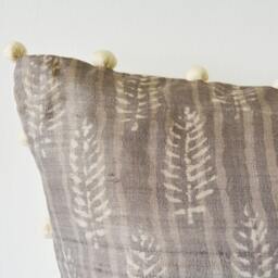 Hand Block Printed Silk Cushion Cover, Grey Indian Motif, Pom Pillow - thumbnail 3
