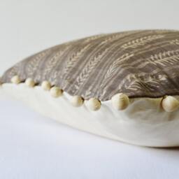Hand Block Printed Silk Cushion Cover, Grey Indian Motif, Pom Pillow - thumbnail 2