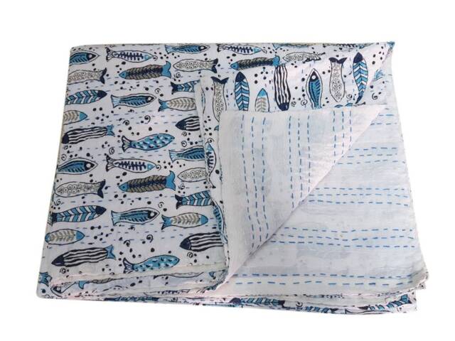 Indian Handmade Fish Printed Kantha Quilt Cotton Gudri Quilted Blanket Throw Multi Size Kantha Gudri - image 1