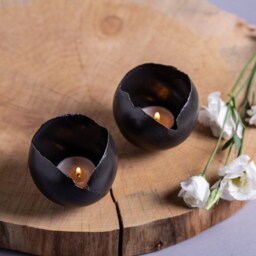 Set Of 2 Black Ceramic Candle Holders - Round Egg-Shaped Bowls - thumbnail 2