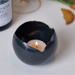 Set Of 2 Black Ceramic Candle Holders - Round Egg-Shaped Bowls - thumbnail 3