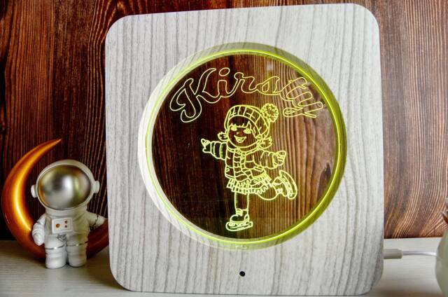 Personalized Ice Skating Led Night Light - Wood Effect Kids Room Decor - image 1