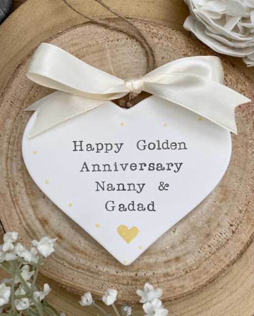 Personalised 50Th Anniversary Ceramic Heart Gift Golden Wedding Keepsake, Hand Stamped Ceramic Ornament, Congratulations Plaque, Decoration - image 1