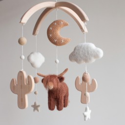 Longhorn Cow & Wooden Cactus Baby Mobile Boho Western Nursery Decor Handmade in UK