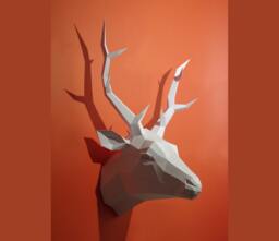 White Deer Paper Head, Papercraft Kit in Geometric, Polygonal Style, Sculpture Stag - thumbnail 1