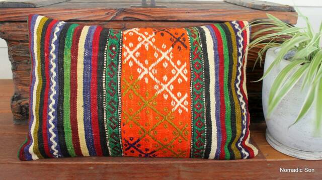 4060cm - 1624In Rectangle Vintage Handwoven Kilim Cushion Cover Striped Strong Colours Orange Green Blue - image 1