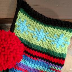 Old Fashioned Hand Knit Heartfelt Christmas Stocking Red Blue Lime Green Turquoise Snowflake Detail - thumbnail 4