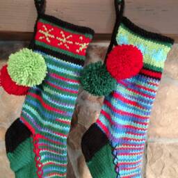 Old Fashioned Hand Knit Heartfelt Christmas Stocking Red Blue Lime Green Turquoise Snowflake Detail - thumbnail 2