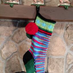 Old Fashioned Hand Knit Heartfelt Christmas Stocking Red Blue Lime Green Turquoise Snowflake Detail - thumbnail 3