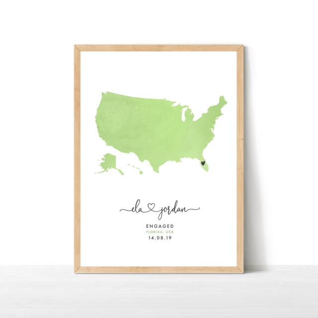Usa Map Print, Personalised Engagement Gift, Destination Travel Map, Watercolour Wedding Gift - image 1