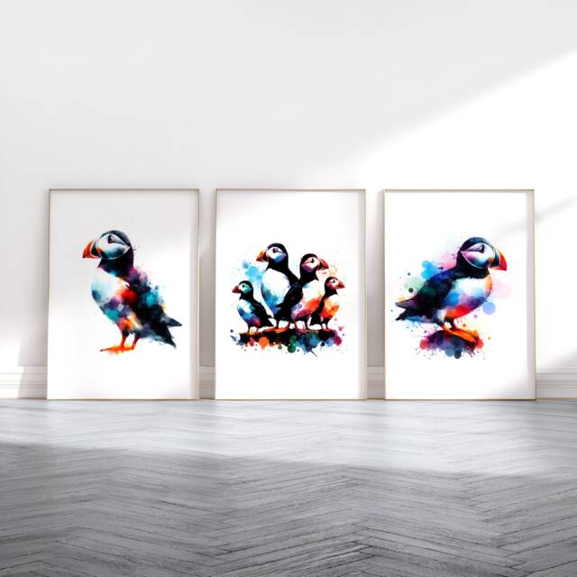 Puffin Print Set - 3 Watercolour Prints - Puffins Painting Present Picture Animal Wall Art Bird Gifts Home Bedroom Decor Artwork - image 1