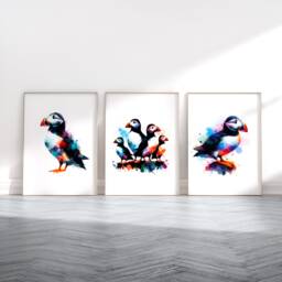 Puffin Print Set - 3 Watercolour Prints - Puffins Painting Present Picture Animal Wall Art Bird Gifts Home Bedroom Decor Artwork - thumbnail 1
