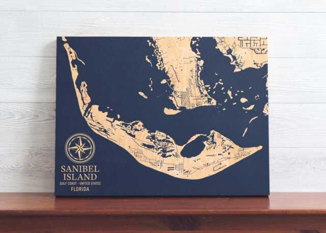 Sanibel Island, Florida Map - Engraved Wood Coastal Art Sign, Beach House Home Decor Wall Hanging Nautical Print, Unique Personalized Gift - image 1