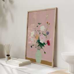 Pink Vase Flowers Print, Pastel Still Life Wall Art, Colourful Botanical Poster, Modern Floral Painting, Dining Room Decor - thumbnail 3