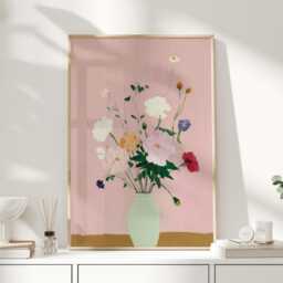Pink Vase Flowers Print, Pastel Still Life Wall Art, Colourful Botanical Poster, Modern Floral Painting, Dining Room Decor - thumbnail 1
