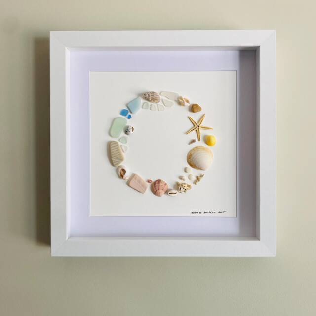 Sea Glass & Shell Coastal Wreath Wall Art - Framed Picture Handmade in Cornwall - image 1