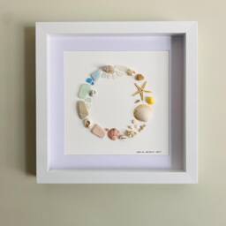 Sea Glass & Shell Coastal Wreath Wall Art - Framed Picture Handmade in Cornwall - thumbnail 1