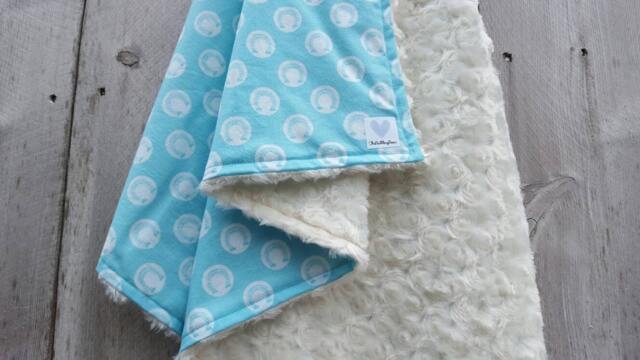 Turquoise Horseshoe Baby Blanket Cotton & Ivory Rosebud Minky - image 1