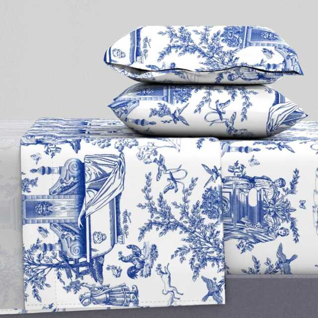 Classical Toile Sheets - Garden By Chicca_Besso Indigo Blue Traditional Cotton Sateen Sheet Set Bedding Spoonflower - image 1