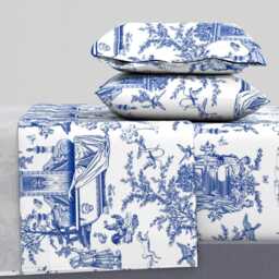 Classical Toile Sheets - Garden By Chicca_Besso Indigo Blue Traditional Cotton Sateen Sheet Set Bedding Spoonflower - thumbnail 1