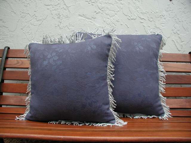 Silver Fringe Pillows, Blue Throw Pillow Set, Damask Floral Fabric, & Toss Covers - image 1