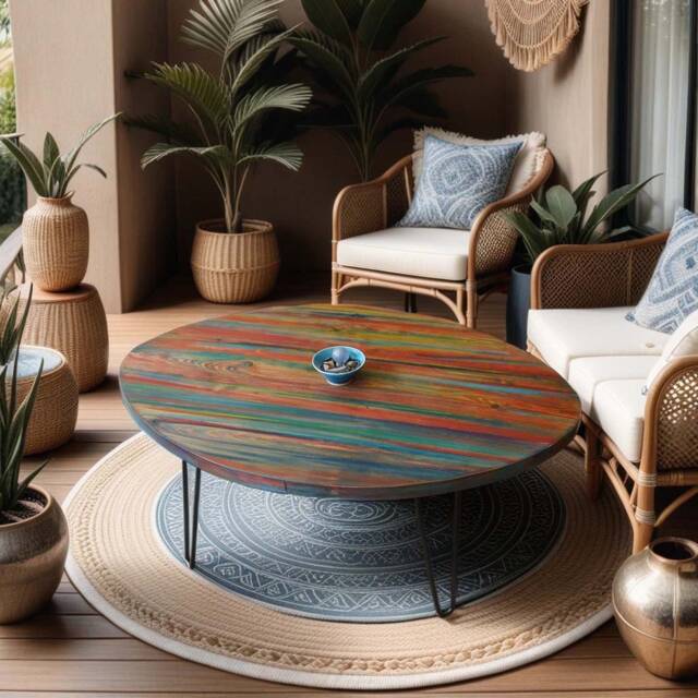 Oval Coffee Table Hand Painted Unique Tropical Sunset Colours One Of A Kind Coastal Art Statement Piece Wood Top Hair Pin Or Legs - image 1