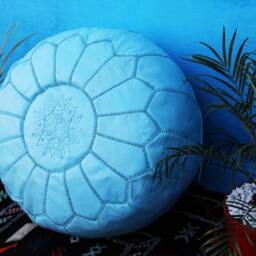 Sky Blue Moroccan Leather Pouf Embroidered Ottoman Footstool - thumbnail 2