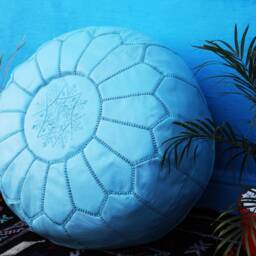 Sky Blue Moroccan Leather Pouf Embroidered Ottoman Footstool - thumbnail 4
