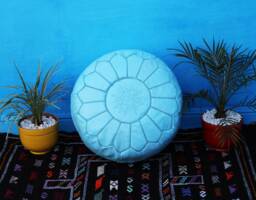 Sky Blue Moroccan Leather Pouf Embroidered Ottoman Footstool