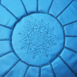 Sky Blue Moroccan Leather Pouf Embroidered Ottoman Footstool - thumbnail 3