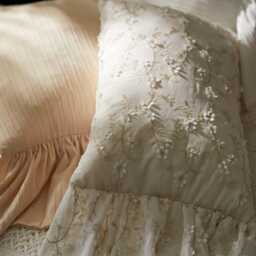 French Country Embroidered Cotton Pillow Cover, Ruffled Edge Farmhouse Decor - thumbnail 3