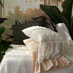 French Country Embroidered Cotton Pillow Cover, Ruffled Edge Farmhouse Decor - thumbnail 2